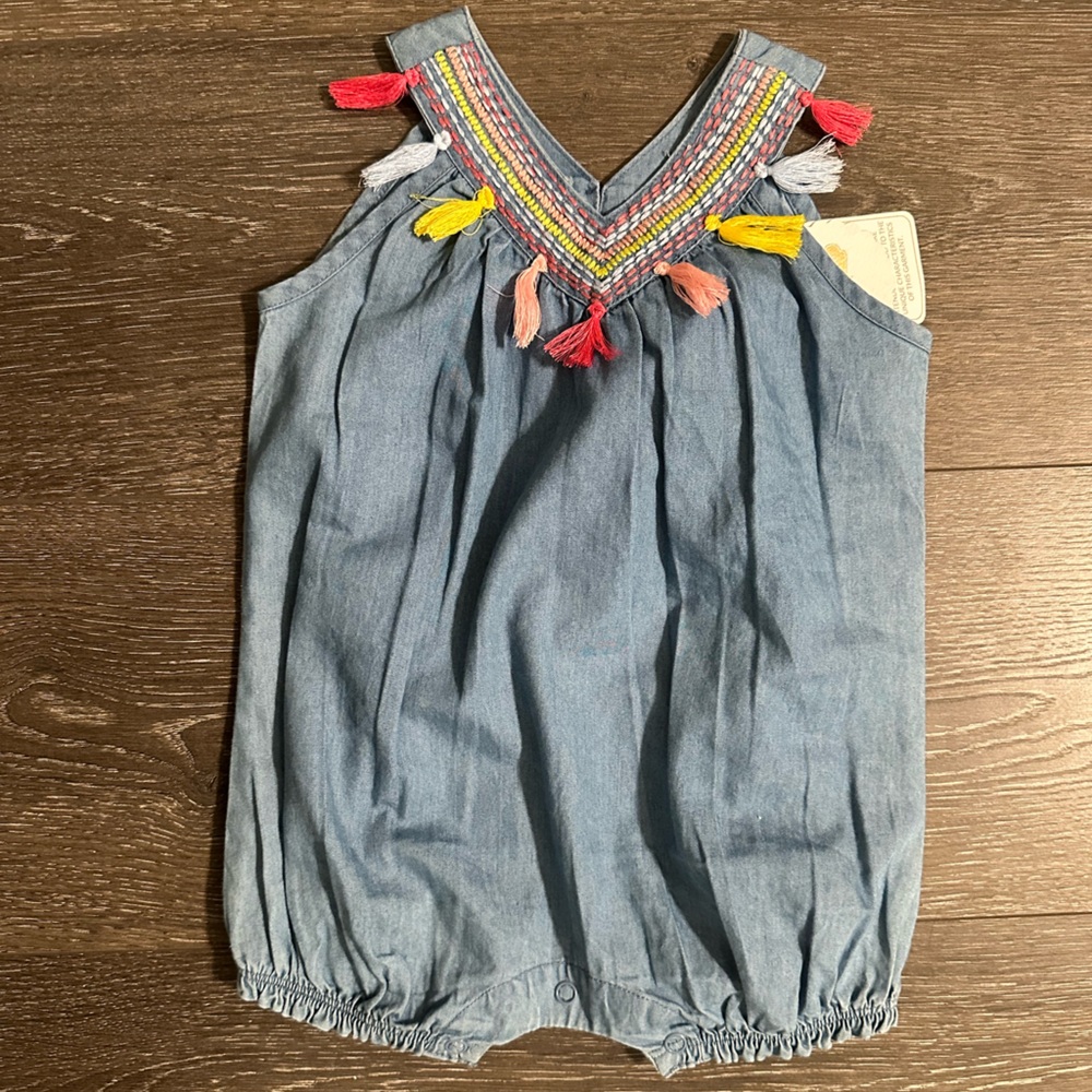 Mud Pie Denim Romper with Colorful Tassels for Baby Girl